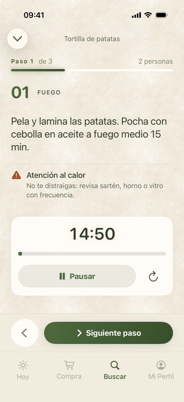 El modo cocina de MealFlow: un paso de la tortilla de patatas con el temporizador en marcha.