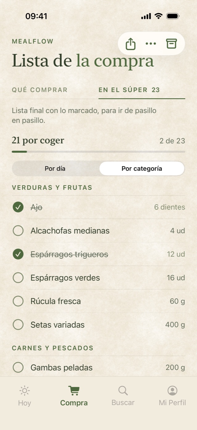 La lista de la compra de MealFlow, sacada del menú de la semana.