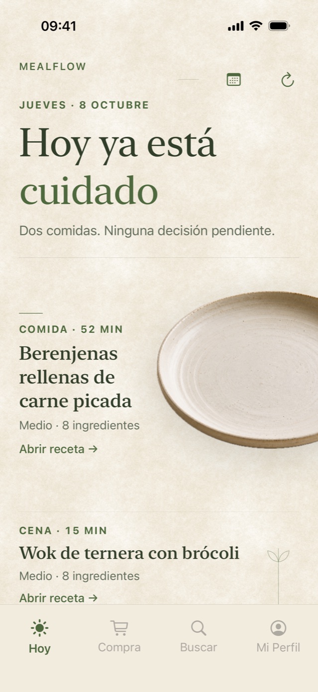 La pantalla Hoy de MealFlow: el día con la comida y la cena ya decididas.